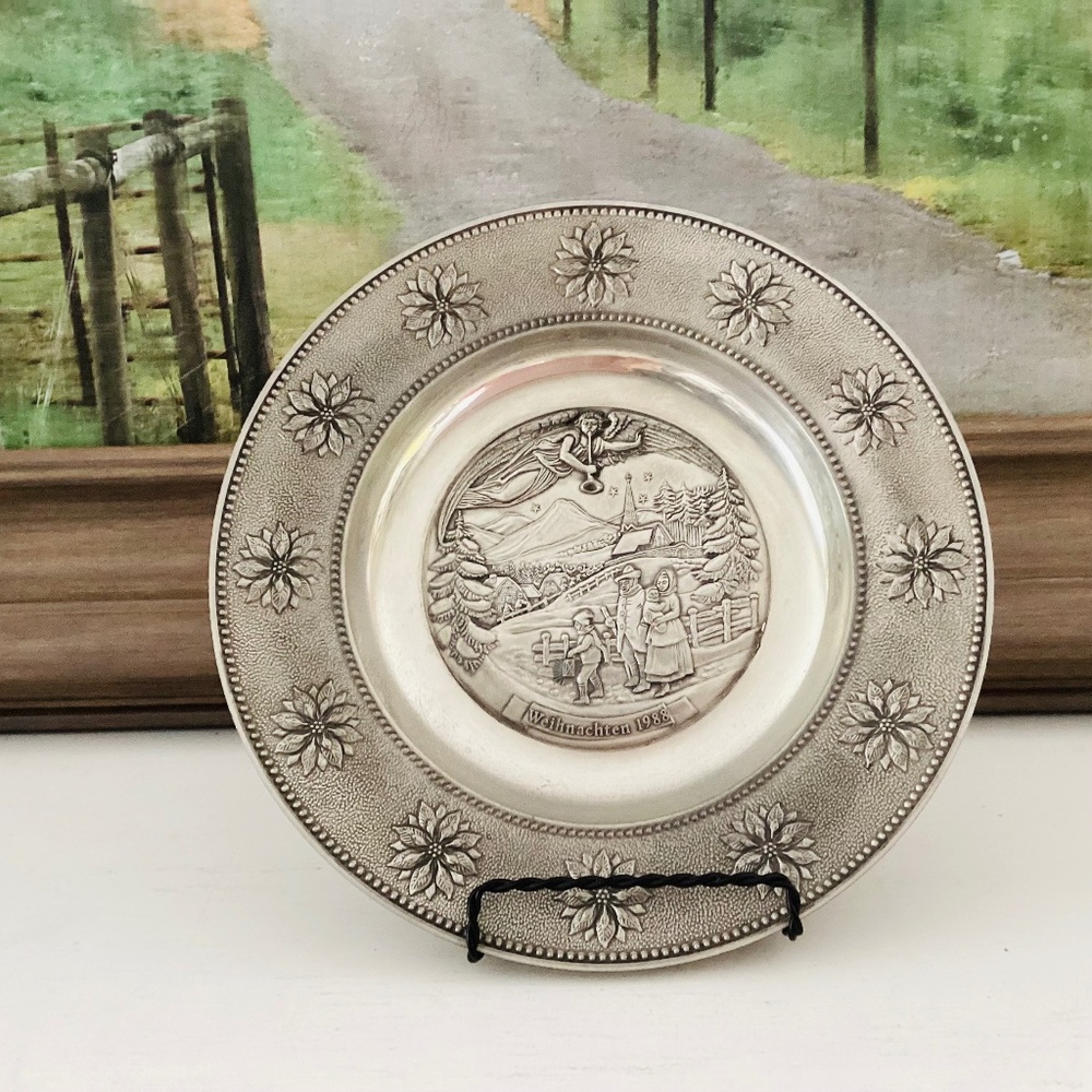 Vintage Commemorative German Christmas Pewter Plate 1988 Wall Decor Winter Walk